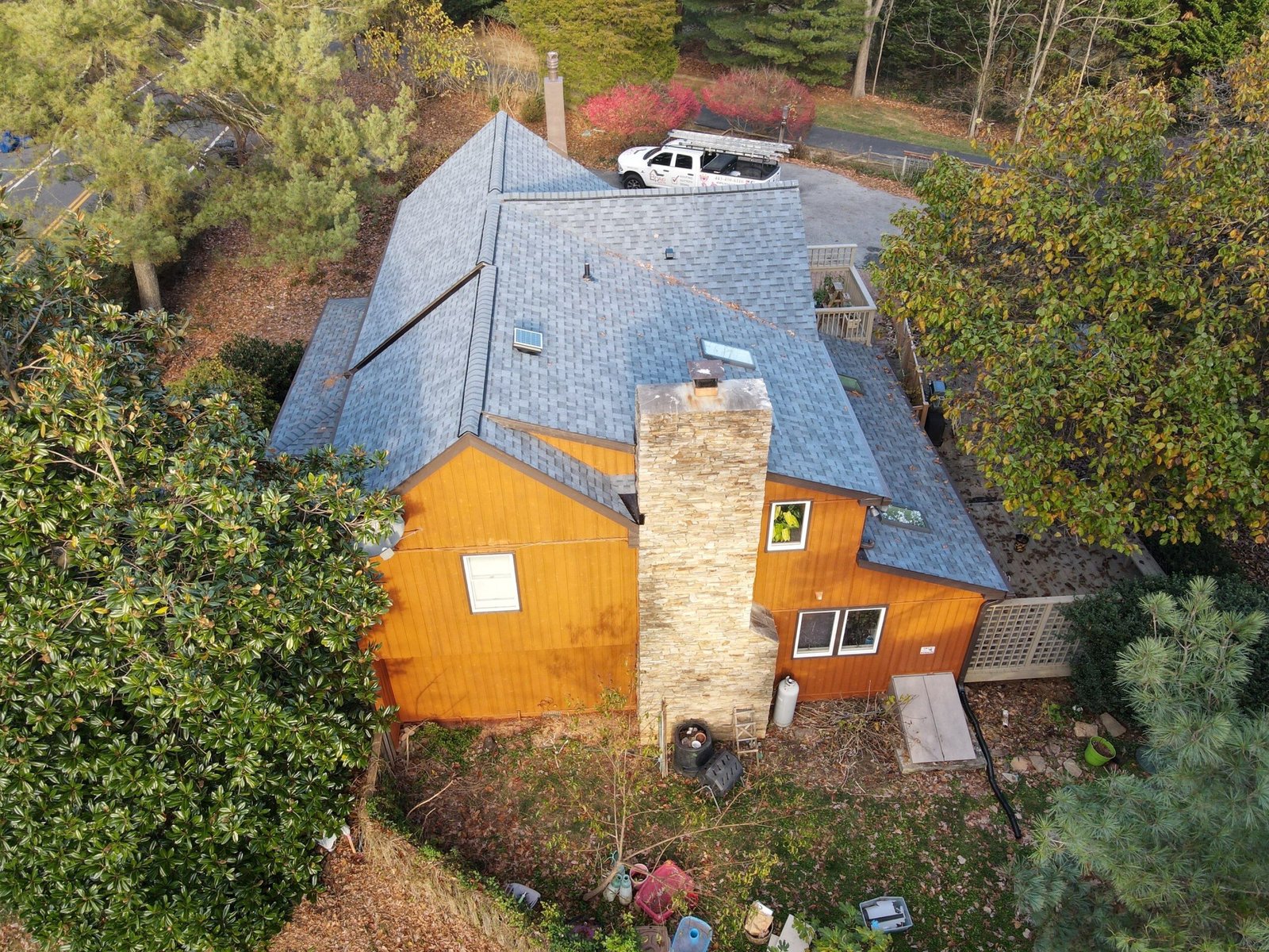 Completed roof by Bravo Roofing on a Maryland home, photographed from above