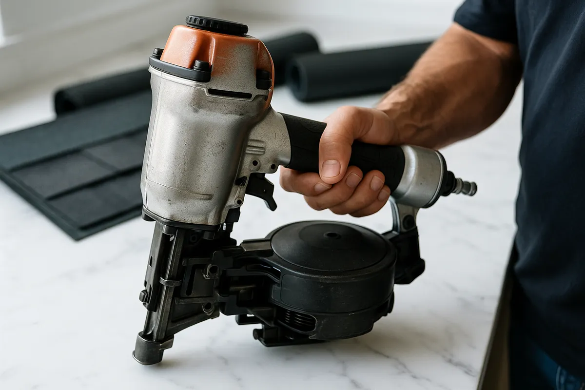 A roofing contractor holds a nail gun with roofing materials blurred in the background, highlighting repair tools.